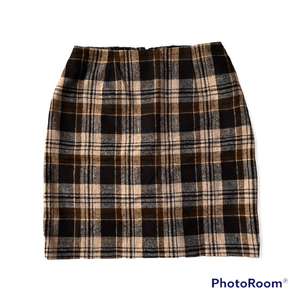 Ann Taylor Factory Plaid Wool Blend Mini Skirt Black and Tan